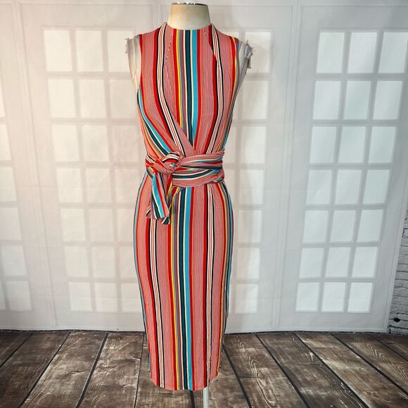 Alice & Olivia Delora colorful vertical striped wrap tie waist midi dress size 2 - Picture 6 of 16